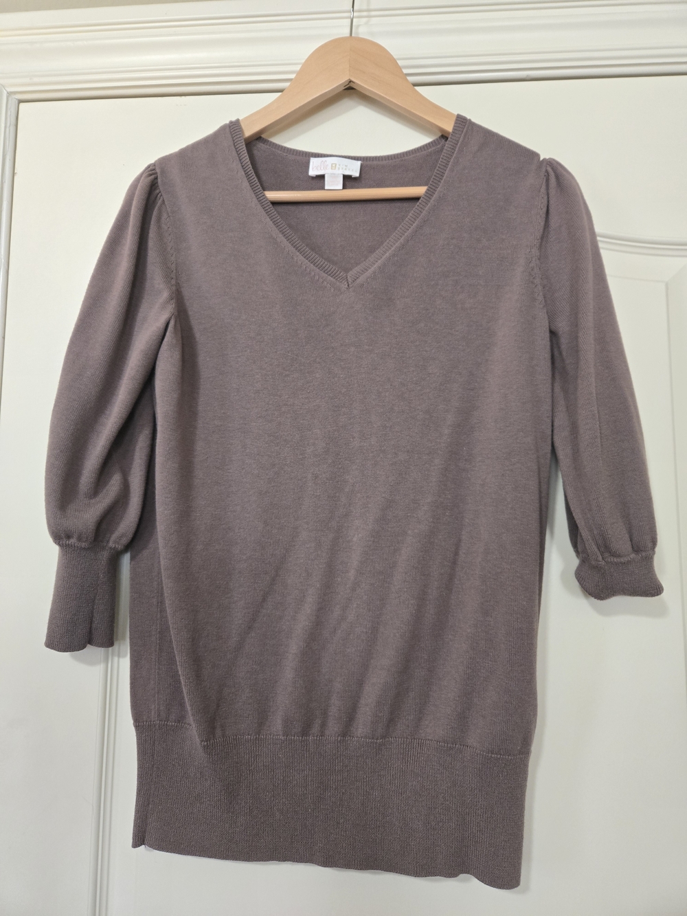 Belle by Kim Gravel Taupe Scoop Neck Puff Sleeve Sweater Cozy Fall